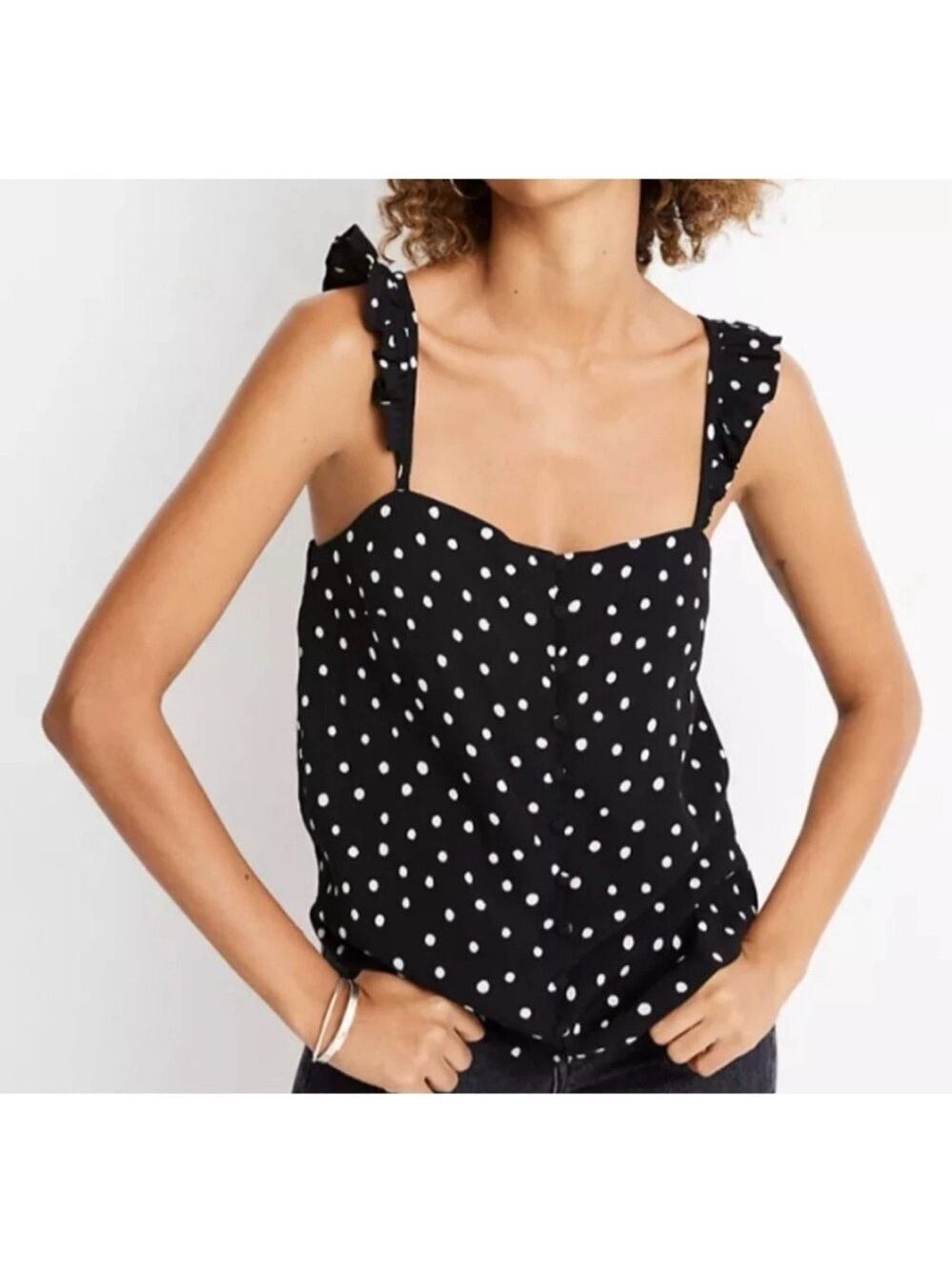 Madewell Ruffle-Strap Cami Top Women’s 00 Black Painted Dots Pullover Tank